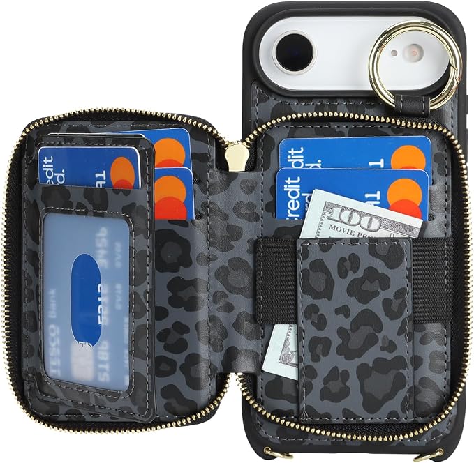Crossbody Wallet Case for iPhone Air, PU Leather Zipper Handbag Purse Flip Cover, Kickstand Folio Case with Card Slots Holder Wrist Strap Lanyard 5G 6.5 Inch-Black Leopard