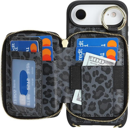 Crossbody Wallet Case for iPhone Air, PU Leather Zipper Handbag Purse Flip Cover, Kickstand Folio Case with Card Slots Holder Wrist Strap Lanyard 5G 6.5 Inch-Black Leopard