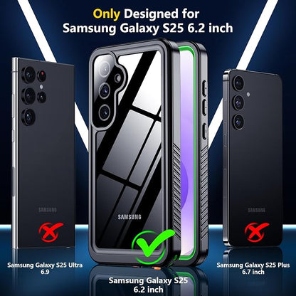 SPIDERCASE Upgraded for Samsung Galaxy S25 Case Waterproof,Built-in Screen & Camera Lens Protector[IP68 Underwater] [Military Grade Shockproof] Full Body Protection Phone Case,Green/Clear