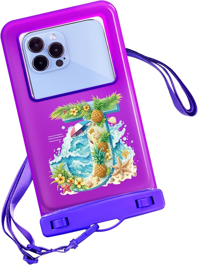 Personalized Initial Waterproof Phone Pouch Case - IPX8 Cellphone Dry Bag with Lanyard for iPhone 16/15/14/13/12 Pro Max (6.1–6.9"), Beach & Cruise Ship Essentials with Monogrammed Design (Purple, J)