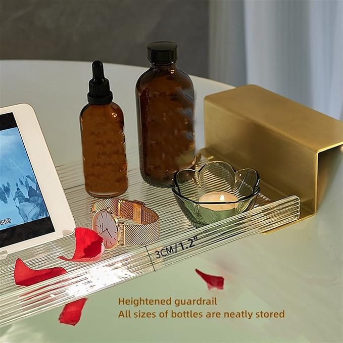 Acrylic Bathtub Tray Caddy with Non-Slip Base, Reading Rack, Tablet Holder, Cellphone Tray, Wine Glass Holder & Gold Brushed Handles (27.6" Retractable)