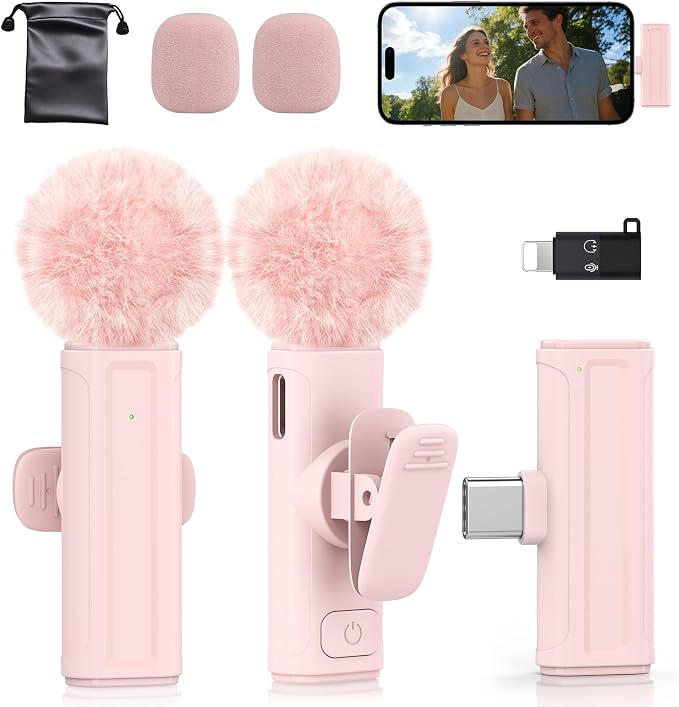 Wireless Mini Microphone for iPhone, iPad, Android, 2 Pack Lavalier Mic with 360° Rotatable Clip, Plug and Play Noise Reduction USB-C Mic for Video Recording YouTube TikTok Content Creators, Pink