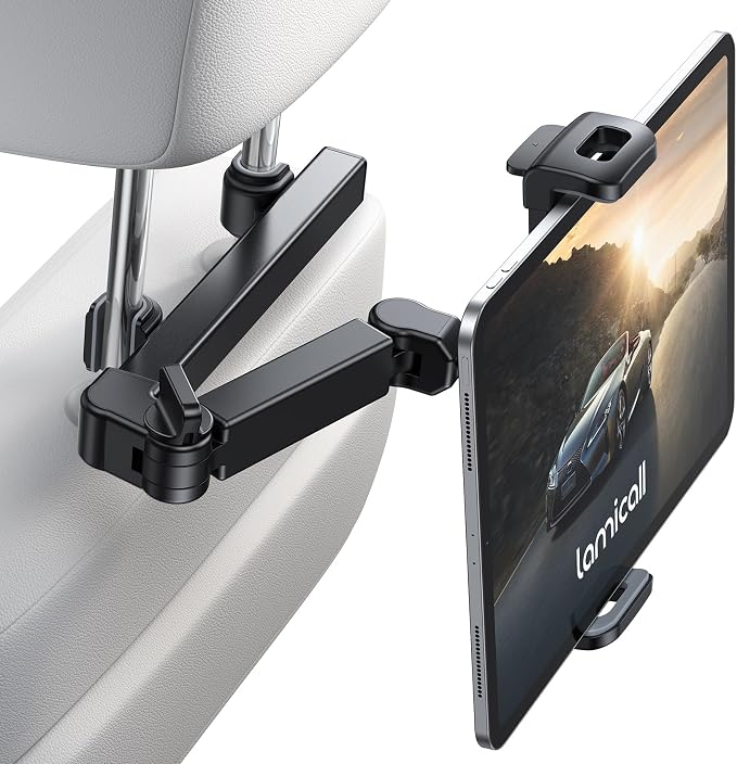 Lamicall Car Headrest Tablet Holder - [3 in 1 Extension Arm] Adjustable Tablet Car Mount for Back Seat, Gifts Road Trip Essentials for Kids, for 4.7-11" Device Like iPad Pro, Air, Mini, Galaxy, Fire