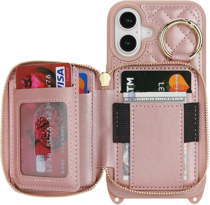 Crossbody Wallet Case for iPhone 17, PU Leather Zipper Handbag Purse Flip Cover, Kickstand Folio Case with Card Slots Holder Wrist Strap Lanyard 5G 6.3 Inch-Rose Gold