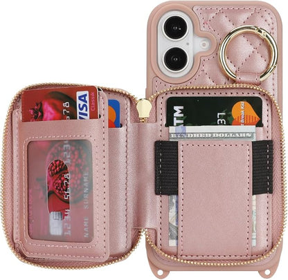 Crossbody Wallet Case for iPhone 17, PU Leather Zipper Handbag Purse Flip Cover, Kickstand Folio Case with Card Slots Holder Wrist Strap Lanyard 5G 6.3 Inch-Rose Gold