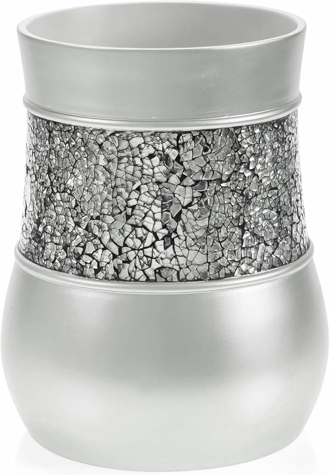 Creative Scents Crackled Glass Silver Bathroom Accessories Set Complete - 6 Piece Bathroom Accessory Set Includes: Trash Can, Tissue Box Cover, Soap Dispenser, Toothbrush Holder, Soap Dish & Tumbler