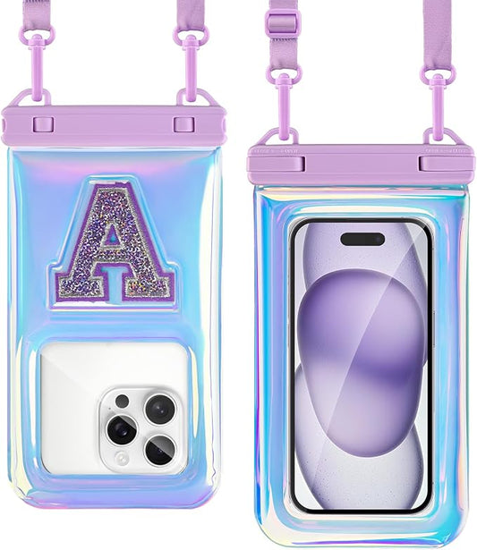 Waterproof Phone Pouch, IPX8 Floating Waterproof Phone Case Fits 7″Phones, Glitter Letter and Adjustable Neck/Crossbody Strap Design, Cruise Ship Travel Beach Essentials（ Iridescent Purple