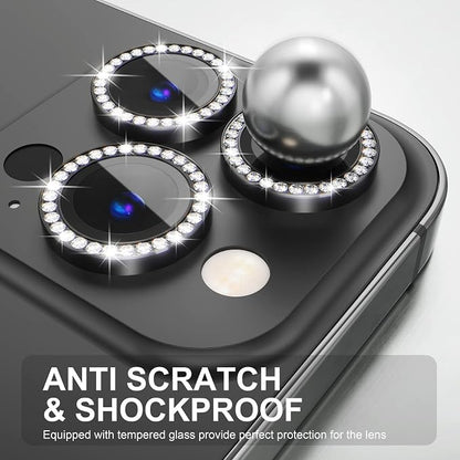 Choiche Compatible for iPhone 14 Pro/iPhone 14 Pro Max Camera Lens Protector Bling, 9H Tempered Glass Camera Cover Screen Protector Metal Ring Decoration Accessories (Diamond-Black)