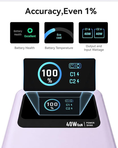 MOKiN 3-in-1 Power Bank,10000mAh 40W Portable Charger with Foldable Plug,Built-in USB-C Cable & LCD Display,Travel Essential Phone Fast Charging Battery Pack,for iPhone 17/16,Samsung etc (Purple)