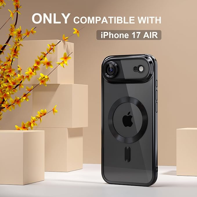 Misea Magnetic for iPhone 17 Air Case Compatible with MagSafe [Never Yellowing] [Military Grade Drop Protection] Full Camera Lens Protector Plating Soft Clear Phone Case for Women, Black