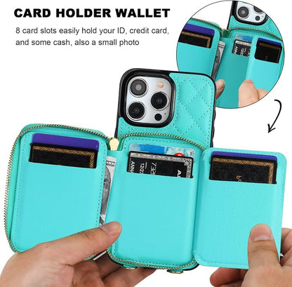 Bocasal Crossbody Wallet Case for iPhone 15 Pro Max, RFID Blocking PU Leather Zipper Handbag Purse Flip Cover, Kickstand Folio Case with Card Slots Holder Wrist Strap Lanyard 5G 6.7 Inch (Mint Green)