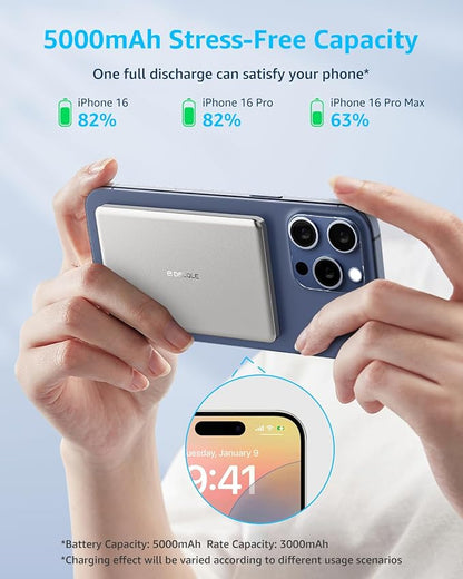 “Air” Power Bank for MagSafe 5000mAh, Ultra Slim Magnetic Wireless Portable Battery Charger Case with USB-C Cable, Compatible with iPhone 17/16/15/14/13/12 Series Only (Sliver)