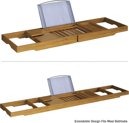 Acacia Bathtub Tray - Natural Wood Tray with Extended Sides, Wine Glass Holder, Book, Phone, or Tablet Rest - for Bath Accessories by Home-Complete