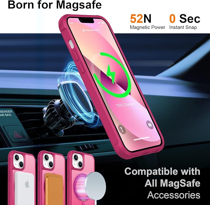 360° Magnetic Swivel Ring for iPhone 13 case, Built-in Metal Stand and Ring Holder, Magsafe Compatible, Military Grade Protection, Shock Resistant - Rose Pink