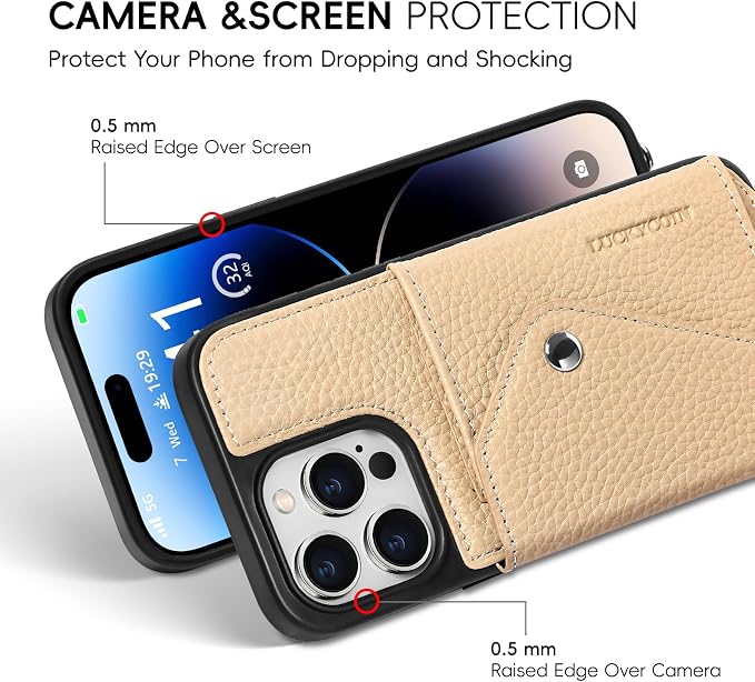 LUCKYCOIN for iPhone 14 Pro Max Crossbody Wallet Case – Genuine Leather Phone Purse with Adjustable Strap and Card Holder,Lanyard Phone Purse Case for Women,Pebble Grain Beige
