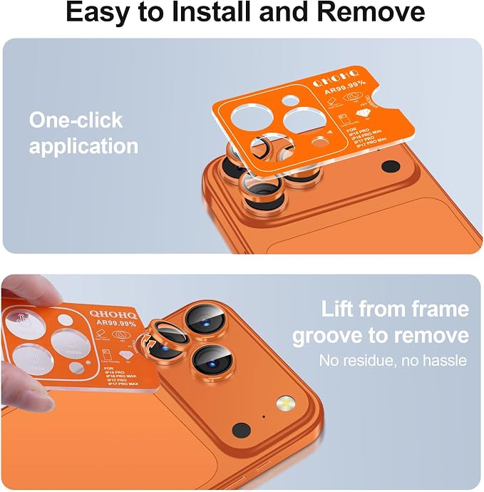 QHOHQ 2 Set Camera Lens Protector for iPhone 17 Pro Max/17 Pro/16 Pro Max/16 Pro/15 Pro Max/15 Pro, Individual Anti Shatter Lens Protector,[15FT Military Grade Protection],1-Second Auto-Install- Orange