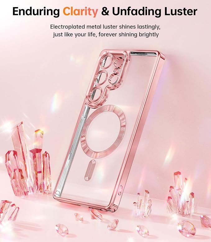 Meifigno Case Designed for Samsung Galaxy S25 Ultra 6.9 inch, [Compatible with MagSafe] [2X HD Screen Protectors] [Glitter Card & Wrist Strap] Full Lens Protection Case for Galaxy S25 Ultra, Rose Gold | 6.9 inch