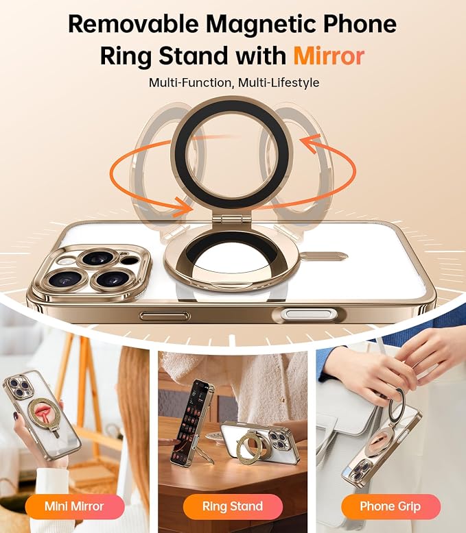 Meifigno Magnetic Case for iPhone 16 Pro 6.3'' with Removable Phone Ring Stand, [Glitter Card & Wrist Strap] [MagSafe Compatible] [Built-in Mirror] Phone Ring Stand + Phone Case Kit, Desert Titanium