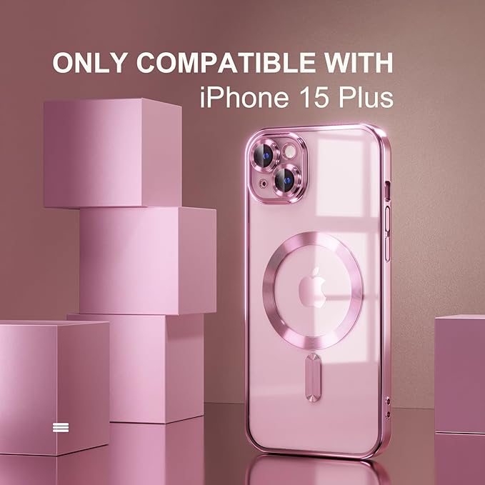 Misea Magnetic for iPhone 15 Plus Case Compatible with MagSafe [Never Yellowing] [Military Grade Drop Protection] Full Camera Lens Protector Plating Soft Clear Phone Case for Women, Pink