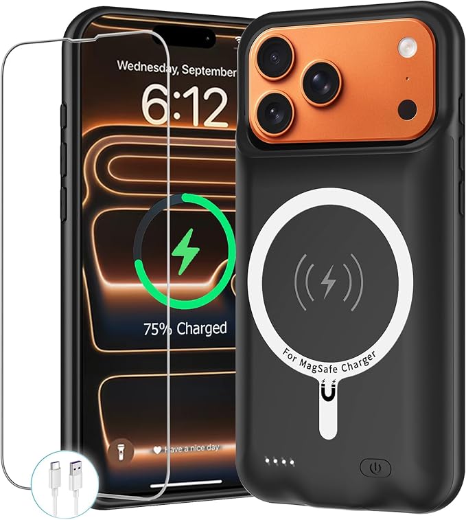 Battery Case for iPhone 17 Pro Max, 12000mAh Protective Charging Case with Wireless Charging Compatible with iPhone 17 Pro Max (6.9 inch) Rechargeable Battery Pack Charger Cover with Carplay (Black)