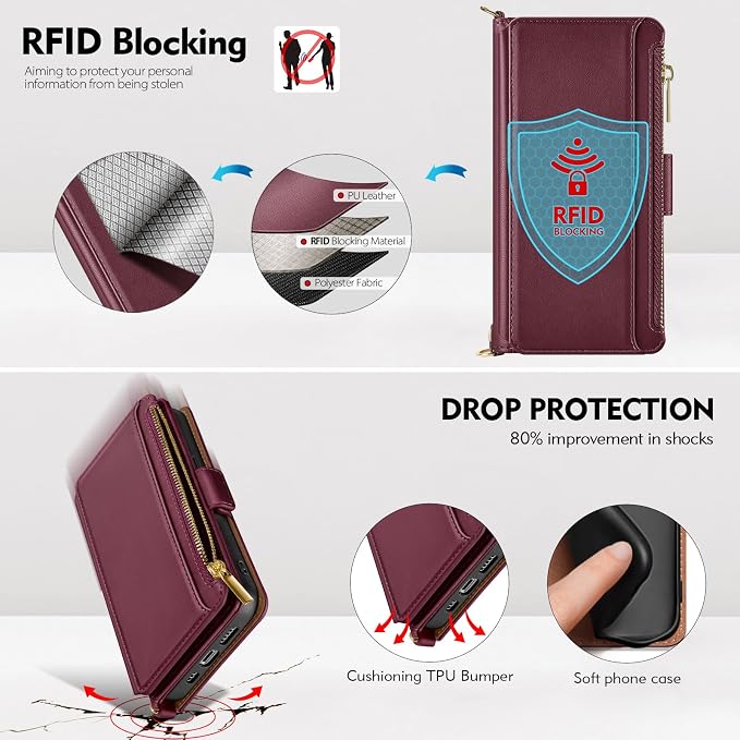 Antsturdy Compatible with iPhone 17 Pro Wallet Case for Women【RFID Blocking】 Crossbody Phone Case PU Leather Zipper with Wrist Strap Flip Folio Cover Credit Card Holder for Apple 17 Pro 6.3",Wine Red