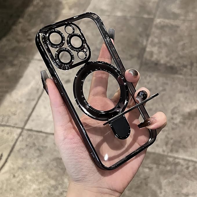 LXK Magnetic Invisible Stand for iPhone 16 Pro Case 6.3" Compatible with MagSafe, Military-Grade Protection, with Camera Protector, Clear Scratch-Resistant Back Cover for iPhone 16 Pro, Black Titanium
