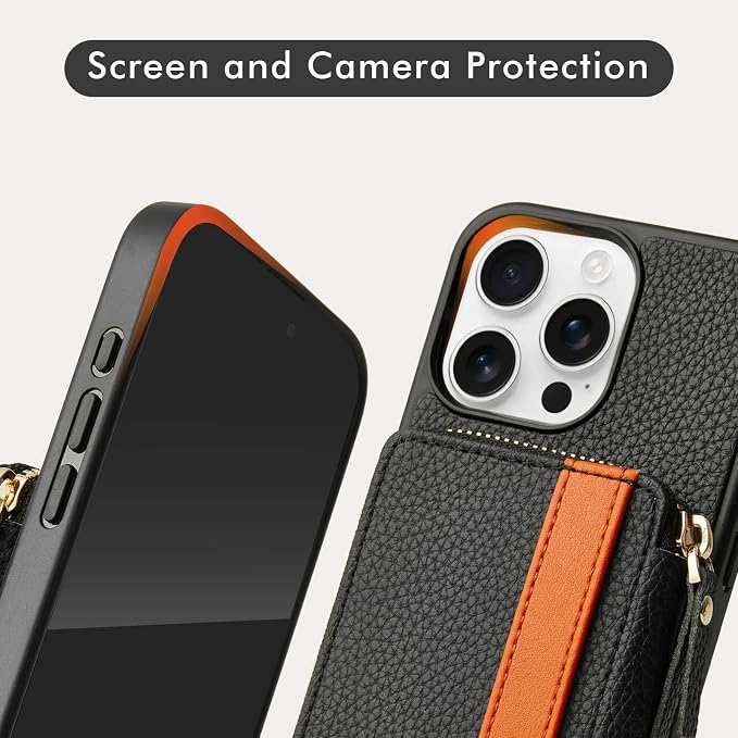LAMEEKU for iPhone 15 Pro Wallet Case with Card Holder, Zipper Leather Crossbody Case with Kickstand Wrist Strap Lanyard for Women, Protective Cover with Phone Grip Holder Stand 5G 6.1 inch Black