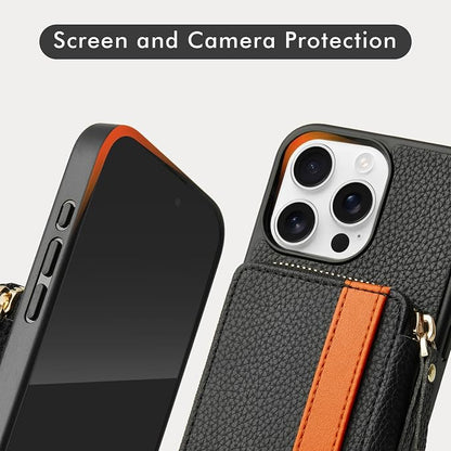 LAMEEKU Compatible with iPhone 16 Pro Max Wallet Case with Credit Card Holder, Leather Crossbody Case with Phone Grip Holder Stand Wrist Strap for iPhone 16 Pro Max 6.9 inch Black