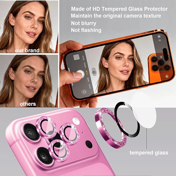 Compatible for iPhone 17/17 Pro/iPhone 17 Pro Max Camera Lens Protector Bling, Cute Sparkle Glitter Camera Cover for Women, Individual Ring, Anti-Scratch (3 Protectors + 1 Extra), Pink