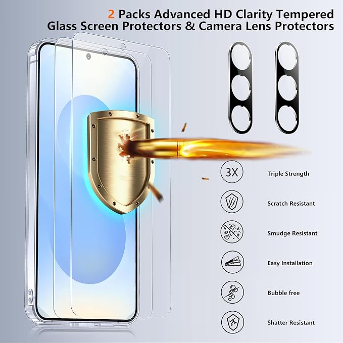 SPIDERCASE Designed for Samsung Galaxy S25 Plus Case, [10 FT Military Grade Drop Protection],2 Pack [Tempered Glass Screen Protector+Camera Lens Protector] Heavy Duty Shockproof Case,Clear