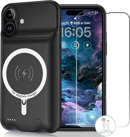 Wireless Charging Case for iPhone 16, 10000mAh High Capacity Portable Rechargeable Protective Extended Battery Case Qi Wireless Charging with iPhone 16(6.1 inch) Extended Battery Charger Case (Black)