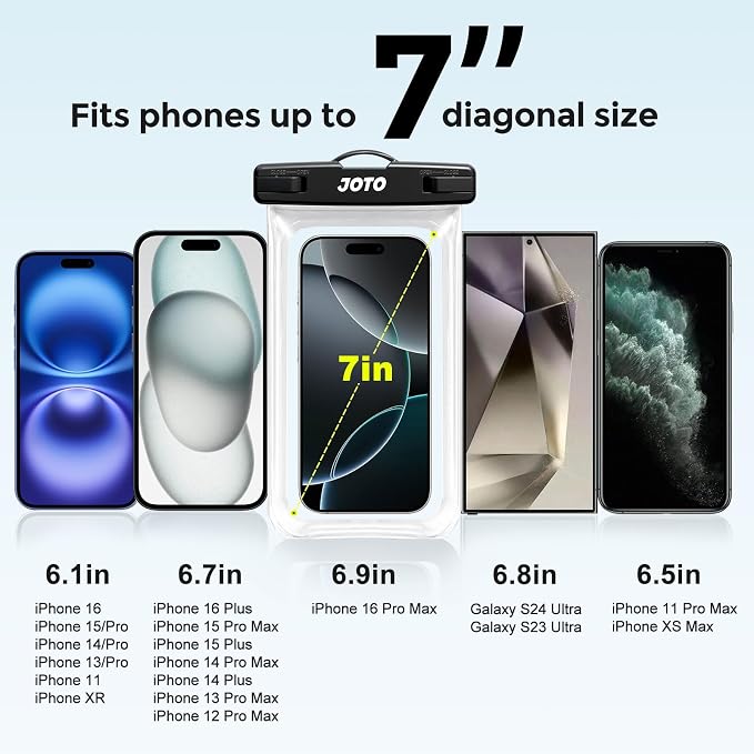 JOTO Up to 7" Universal Waterproof Phone Case for iPhone 17 Air 16 15 14 13 12 11 Plus Pro Max, IPX8 Cellphone Dry Bag XR X SE, Galaxy S23 S22 S21 S20+ S20 S10 Plus Note, Pixel -Clear