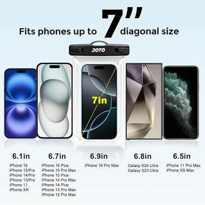 JOTO Up to 7" Universal Waterproof Phone Case for iPhone 17 Air 16 15 14 13 12 11 Plus Pro Max, IPX8 Cellphone Dry Bag XR X SE, Galaxy S23 S22 S21 S20+ S20 S10 Plus Note, Pixel -Clear