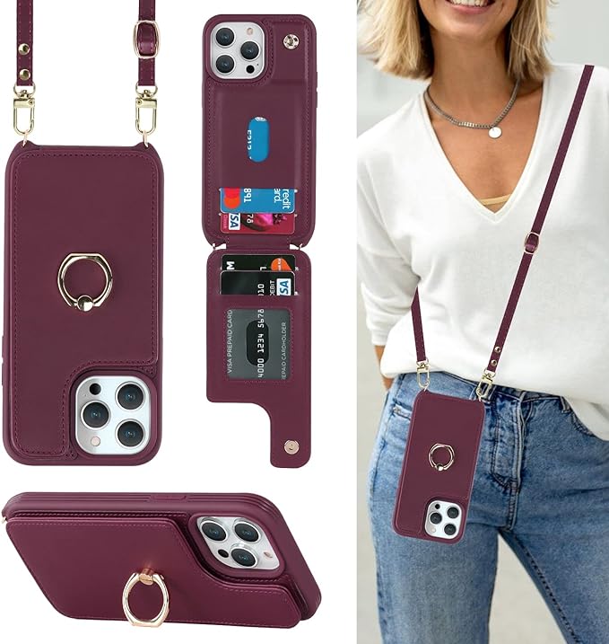 Lipvina for iPhone 14 Pro Case with Card Holder for Women,Phone Case with Strap,Crossbody Lanyard,RFID Blocking,Ring Stand,Snap Clasp,Cute Wallet Case 6.1 inch(Wine Red)