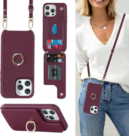 Lipvina for iPhone 13 Pro Max/iPhone 12 Pro Max Case with Card Holder for Women,Crossbody Strap Lanyard,Credit Card Holder,Ring Stand,Snap Clasp,Wallet Case 6.7 inch (Wine Red)