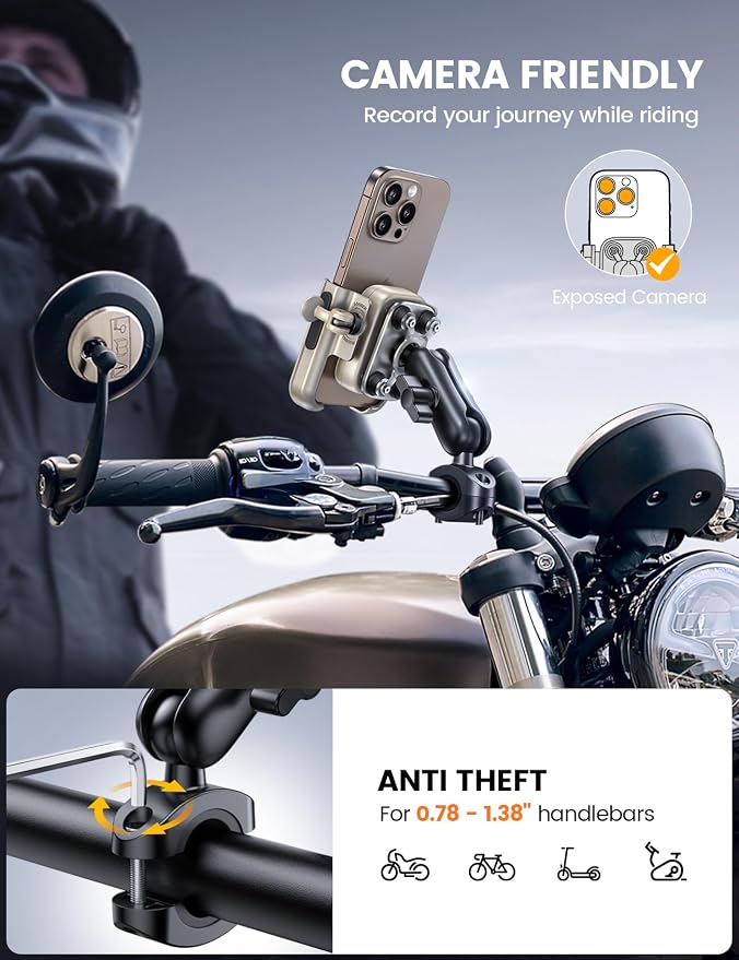 Lamicall Motorcycle Phone Mount Holder - [All Metal] [Anti Shake] [1s Lock] Bike Phone Holder Handlebar Clamp, Bicycle Cell Phone Mount, for iPhone 17 Pro Max, 16 15 14, Galaxy, 4.7-7.2" Phones, Gold