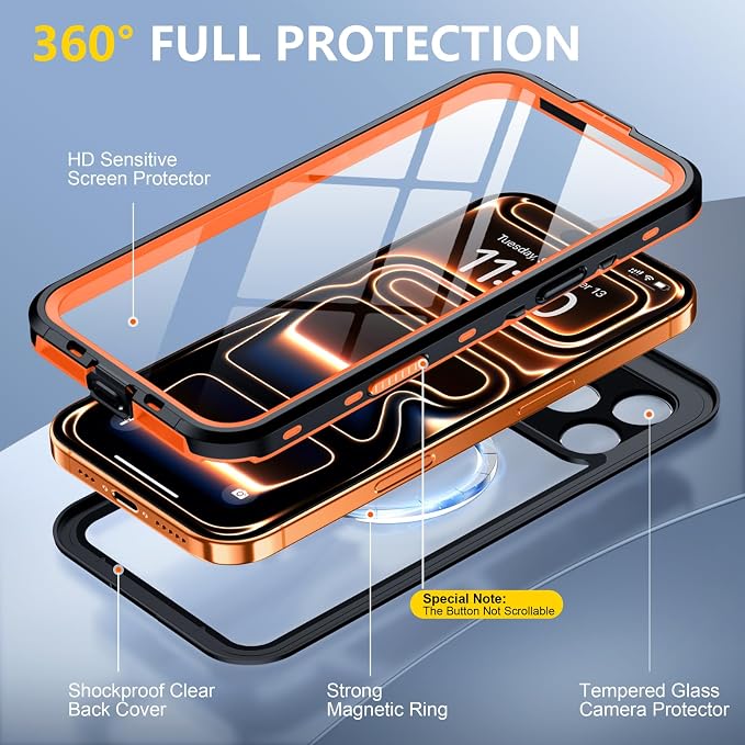 Red2Fire for iPhone 17 Pro Max Case Waterproof, [Built-in Screen Protector & Camera Protector][Compatible with MagSafe][Full Body Shockproof][IP68 Waterproof][Dustproof] Phone Case 6.9" Oragne/Clear