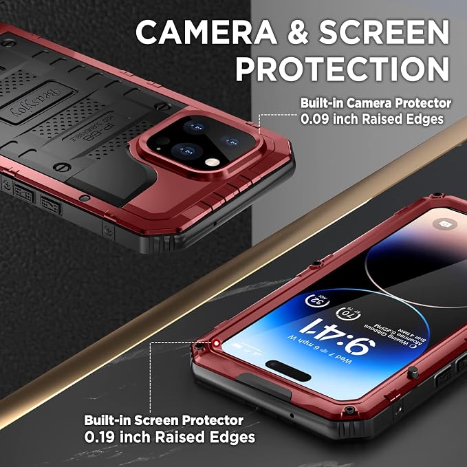 Beasyjoy Waterproof Case for iPhone 14 Pro, Metal Full Body Sealed Phone Case with Built-in Screen Protector, Military Grade Heavy Duty Defender Armor Shockproof Rugged Case 6.1 Inch, Red