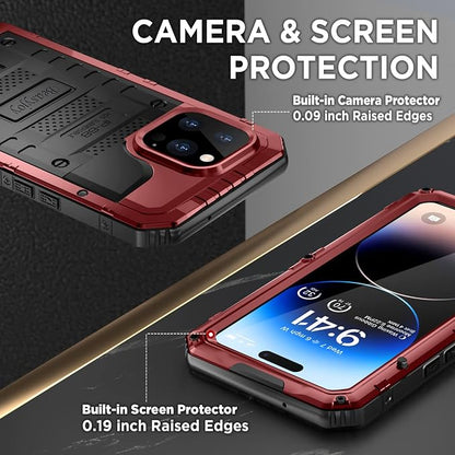 Beasyjoy Waterproof Case for iPhone 14 Pro, Metal Full Body Sealed Phone Case with Built-in Screen Protector, Military Grade Heavy Duty Defender Armor Shockproof Rugged Case 6.1 Inch, Red