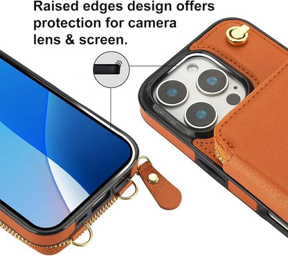 Bocasal Crossbody Wallet Case for iPhone 16 Pro, RFID Blocking Leather Purse Case with Card Holder, Protective Handbag Flip Cover with Zipper Wrist Strap Lanyard for Women 5G 6.3 Inch (Brown)