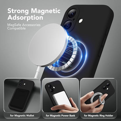 Magnetic for iPhone 16 Case, Compatible with MagSafe, [Screen Protector + Full Camera Protection], Silicone Shockproof Anti-Scratch Protective Phone Case for iPhone 16 6.1", Black