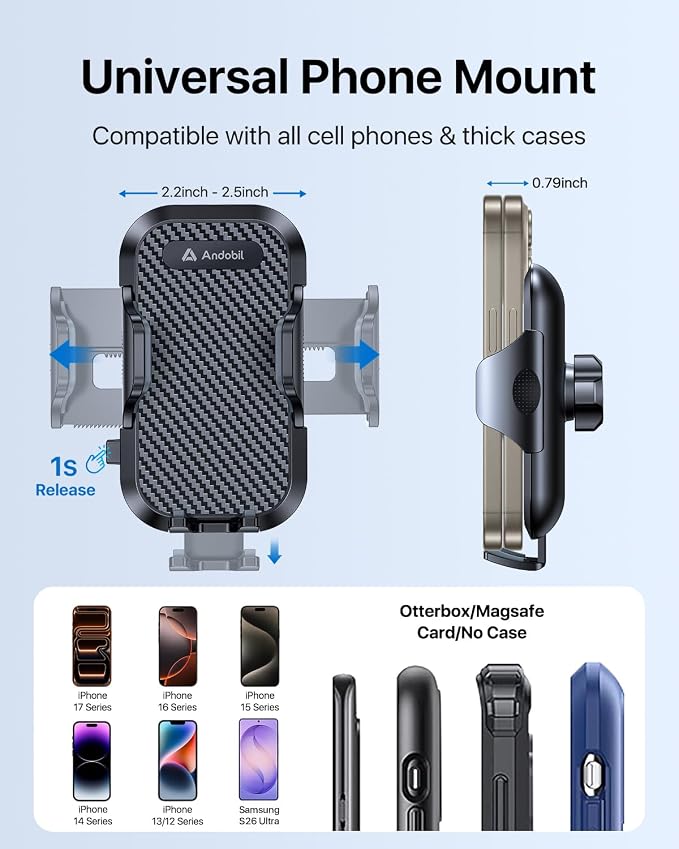 andobil Universal Car Phone Holder [Round Vent Friendly] Phone Mount for Car Circle Vent, Sturdy Clip 360° Rotation Cell Phone Car Holder Mount for Ford Mercedes Benz Toyota BMW fit iPhone Samsung