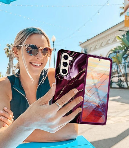 Btscase for Samsung Galaxy Z Fold 5 Case,Built in Front Screen Protector,Gold Glitter Marble Pattern Hard PC Slim Shockproof Full Body Drop Protective Case for Galaxy Z Fold 5 5G, Wine Red