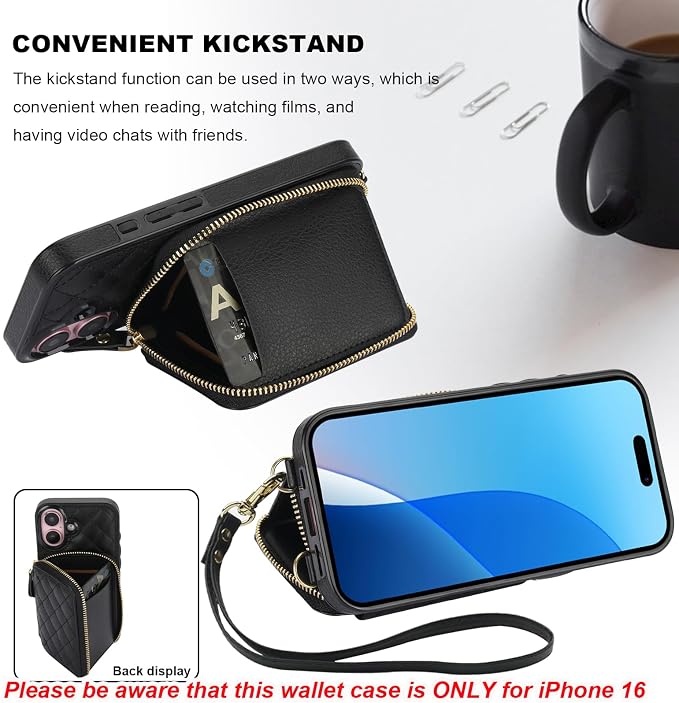 Bocasal Crossbody Wallet Case for iPhone 16, RFID Blocking PU Leather Zipper Handbag Purse Flip Cover, Kickstand Folio Case with Card Slots Holder Wrist Strap Lanyard 5G 6.1 Inch (Black)