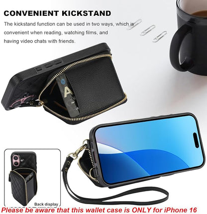 Bocasal Crossbody Wallet Case for iPhone 16, RFID Blocking PU Leather Zipper Handbag Purse Flip Cover, Kickstand Folio Case with Card Slots Holder Wrist Strap Lanyard 5G 6.1 Inch (Black)