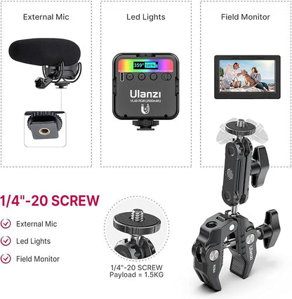 ULANZI Super Clamp Camera Clamp Mount Monitor 360° Ballhead Magic Arm Double Ball Head Adapter with 1/4"-20 & 3/8"-16 Thread for Canon Nikon DSLR Camera/Gopro/LED Lights/Ronin-M/Ronin MX/Freefly MOVI