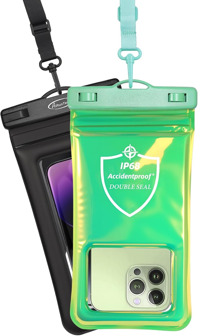 AiRunTech Waterproof Phone Pouch,Double Seal Floating Phone Case for Swimming Kayak Paddle Board,Protector iPhone 17 16 15 14 13, River Lake Canoe Boating Beach Accessories(Iridescent Green+Black)