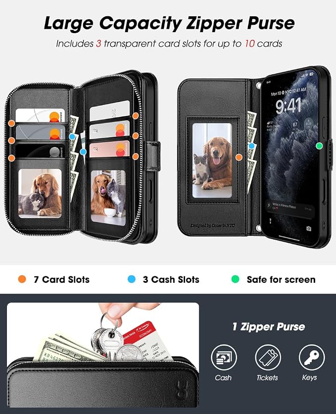 OCASE for iPhone 17 Crossbody Wallet Case - Stylish PU Leather Handbag Phone Purse with Zipper Closure, Card Slots & RFID Blocking - Wrist Strap, Lanyard, Kickstand - Black