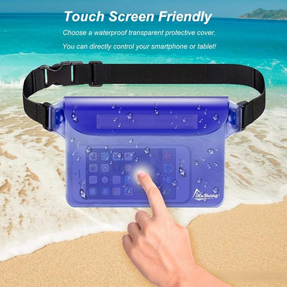 Waterproof Fanny Pack Phone Pouch - 32FT Submersible Triple Zip Lock Dry Bag, Touchscreen Passport Wallet Travel Pouch for Beach Cruise Swimming Kayaking Boating Essentials