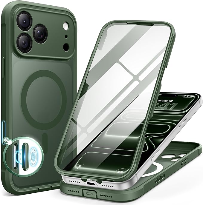 BERFY for iPhone 17 Pro Max Case, Compatible with MagSafe, Built-in Glass Screen Protector, Camera Protection, Shockproof Full Body Phone case 6.9", Translucent Deep Green